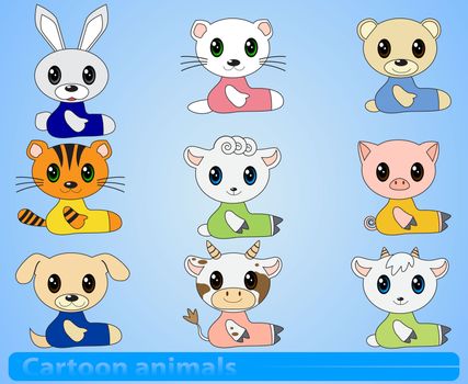 set of cartoon animals on a blue background