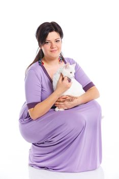 Young pretty woman hold her lovely white cat. Isolated on a white background