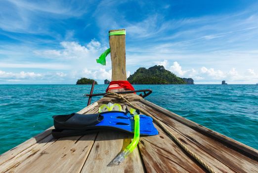 Snorkeling set on boat, sea, island. Thailand