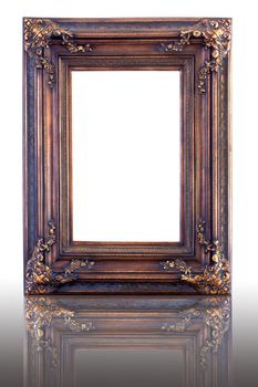 Antique look gold color picture frame isolated on white.