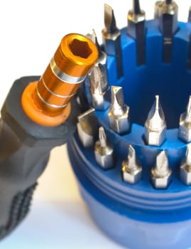 Screwdriver and precision tools set closeup