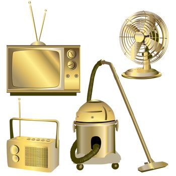 golden retro electric objects isolated on white