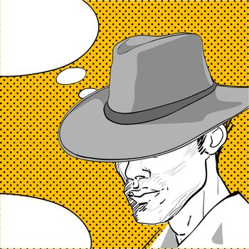 comic style drawing of a man with a retro hat and a speech bubble for your text 