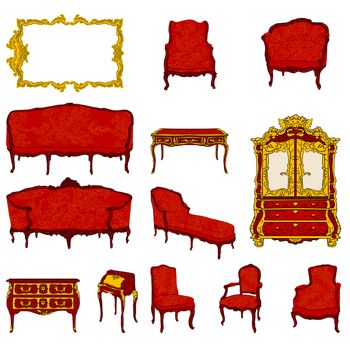 authentic rococo furniture colored doodles set and mirror isolated on white