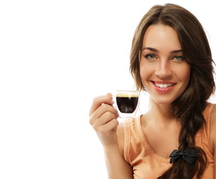 beautiful happy woman with a cup of espresso coffee on white background