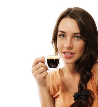 beautiful woman with a cup of espresso coffee on white background