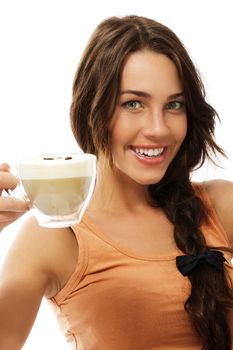 cute happy woman with a cup of cappuccino coffee on white background