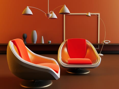 modern interior with arm-chairs in brown and orange tones