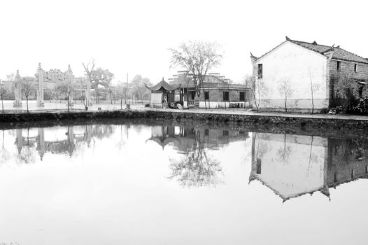 Chinese ancient village in black-and-white