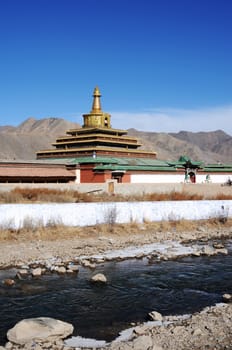 Landmark of a famous historic golden Tibetan lamasery in Gansu, China