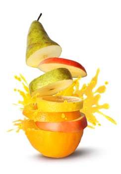 Fruit slices pile juice burst explosion on white background