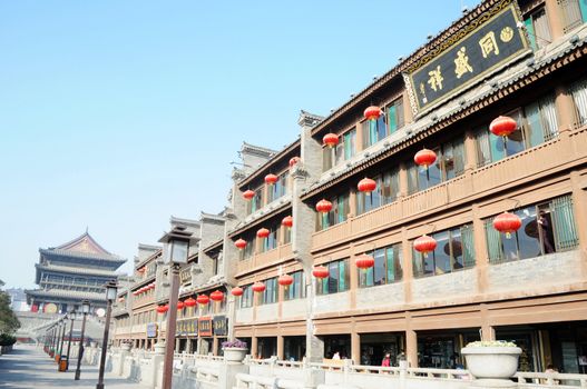 Landmark of Historic buildings downtown of Xian China by the Drum Tower