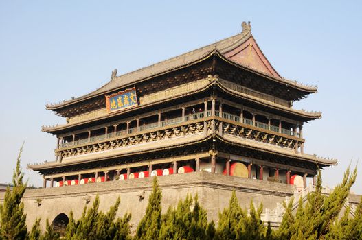 Landmark of the famous ancient Drum Tower in Xian China