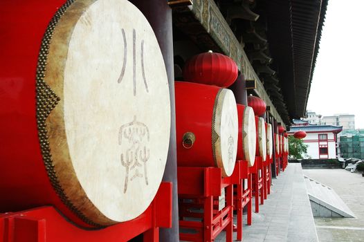 Row of Chinese traditional drums at the Drum Tower in Xian