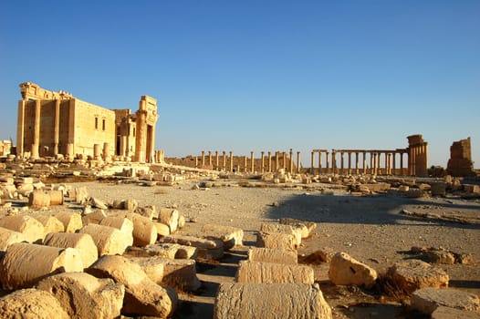 Relics Palmyra in Syria against blue sky. Ancient Roman time town in Palmyra (Tadmor), Syria.