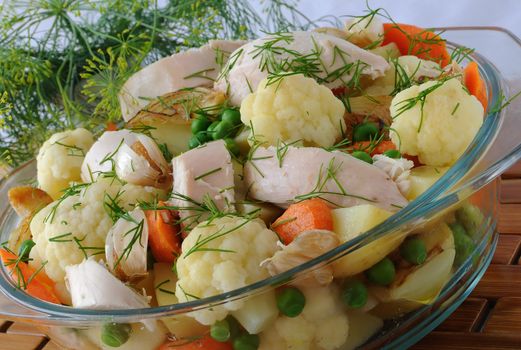 Boiled vegetables with chicken in the pan