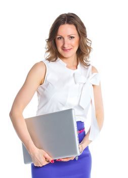 Portrait of a happy young business woman standing with notebook against white background