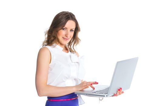 Portrait of a happy young business woman standing with notebook against white background