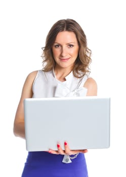 Portrait of a happy young business woman standing with notebook against white background