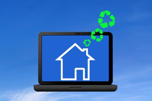 Recycling symbol and icon house on laptop