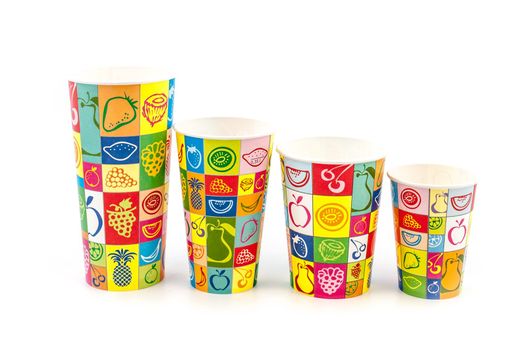 Colorfull papar cups in row isolated on white background