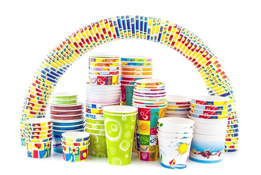 Full set of paper cups for icecream with an rainbow of cups isolated on white background