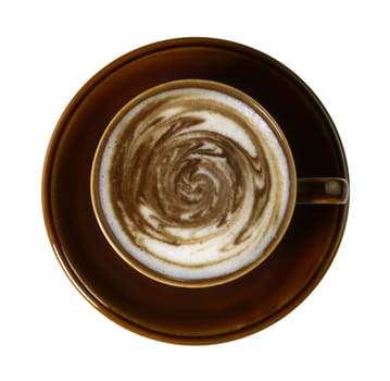 studio photography of a coffee cup with weird milk froth decoration, isolated on white with clipping path, seen from above