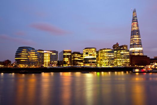 London City Hall Skylines along River Thames at Dusk, England UK