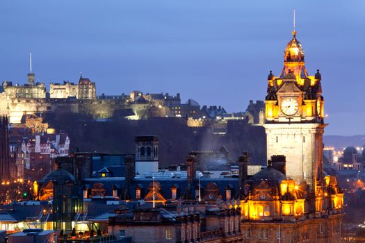 Close up of Edinburgh Castle and Skylines Skyscrapers cityscape and from Calton Hill at dusk Scotland UK