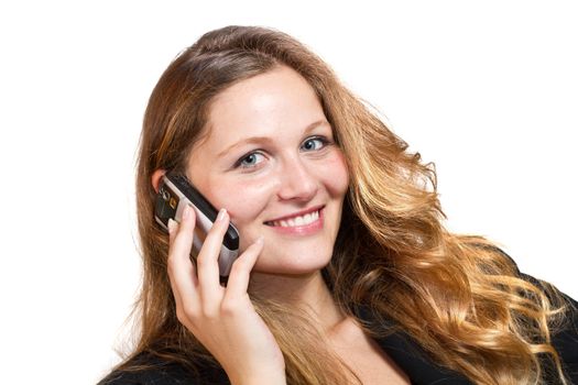 business woman on her mobile phone - isolated over a white background 