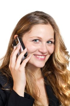 business woman on her mobile phone - isolated over a white background 