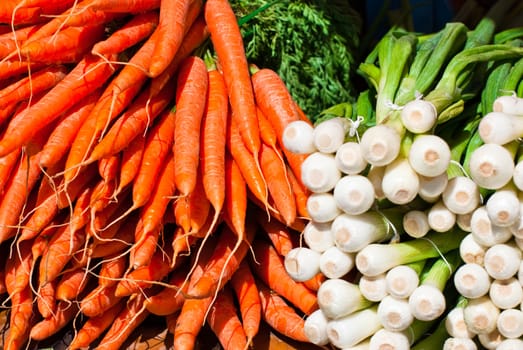 Fresh carrots and onions in the grocery market.