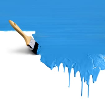 Brush painting vertical dripping blue paint on white background