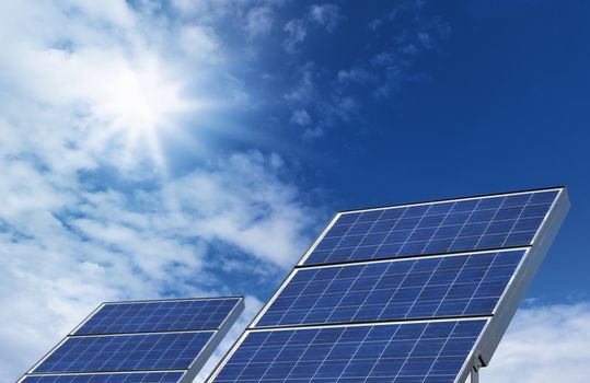 Two solar panel photovoltaic source on blue skyt background