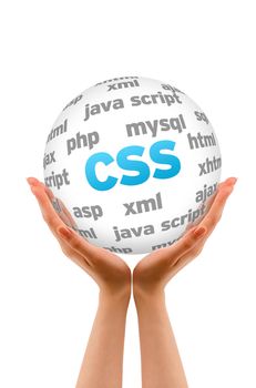 Hands holding a Cascading Style Sheets Word Sphere on white background.