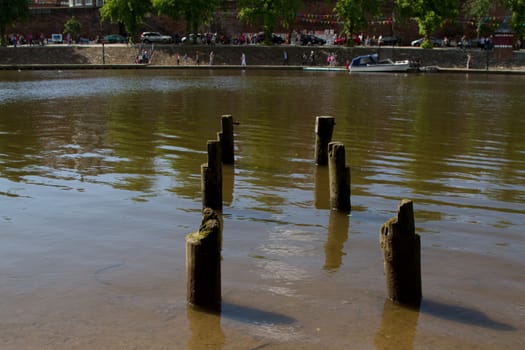 The posts from an old river pier, derelict, in the water with a busy river bank town on the other side.