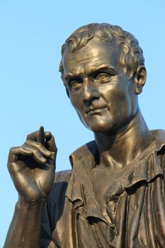 Close up of the statue of Jean-Jacques Rousseau on the Rousseau island, Geneva, Switzerland. This sculpture was created by James Pradier sculptor in 1835.