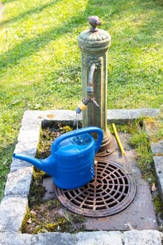 A picture of a water pump in a garden