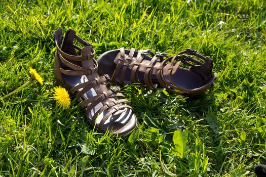 A pair of woman shoes on the grass - woman taking the day off