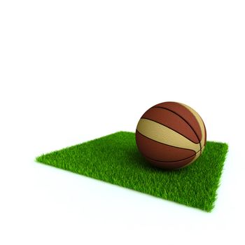 basketball on a lawn from a green bright grass on a white background
