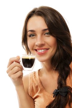 happy smiling woman with a cup of espresso coffee on white background
