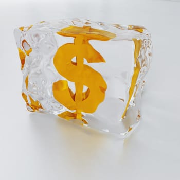 block of ice with symbol of dollar frozen inwardly on a light background