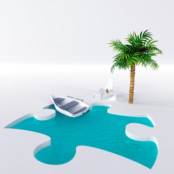 chair for relaxation under a palm and pool with a boat on a light background