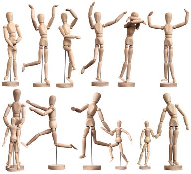 Collection of wooden Mannequins on white