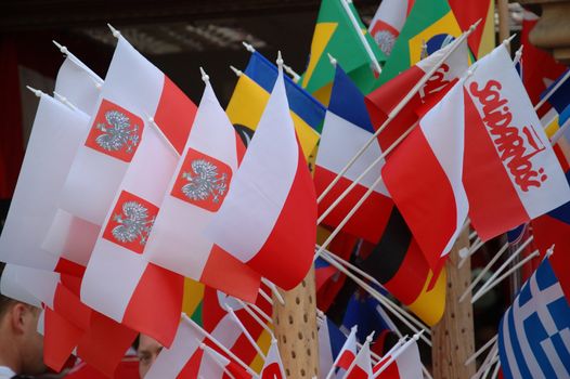 WROCLAW, POLAND - JUNE 8: UEFA Euro 2012, fanzone in Wroclaw, flags of Poland and Solidarity for sale on June 8, 2012.
