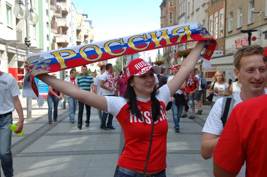 WROCLAW, POLAND - JUNE 8: UEFA Euro 2012, fanzone in Wroclaw. Russian girl supporting her team on June 8, 2012.