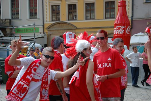 WROCLAW, POLAND - JUNE 8: UEFA Euro 2012, fanzone in Wroclaw. Group of Polish fans on June 8, 2012.