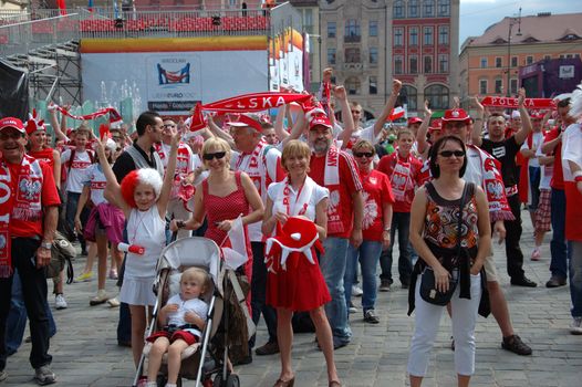 WROCLAW, POLAND - JUNE 8: UEFA Euro 2012, fanzone in Wroclaw. Football fans gather in fanzone on June 8, 2012.