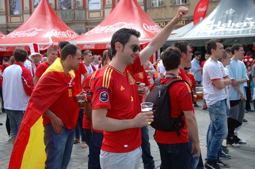 WROCLAW, POLAND - JUNE 8: UEFA Euro 2012, fanzone in Wroclaw. Spanish fans visit fanzone on June 8, 2012.