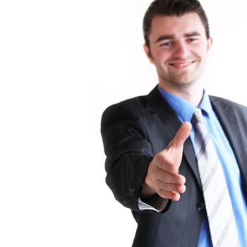 Young business man giving hand for handshake